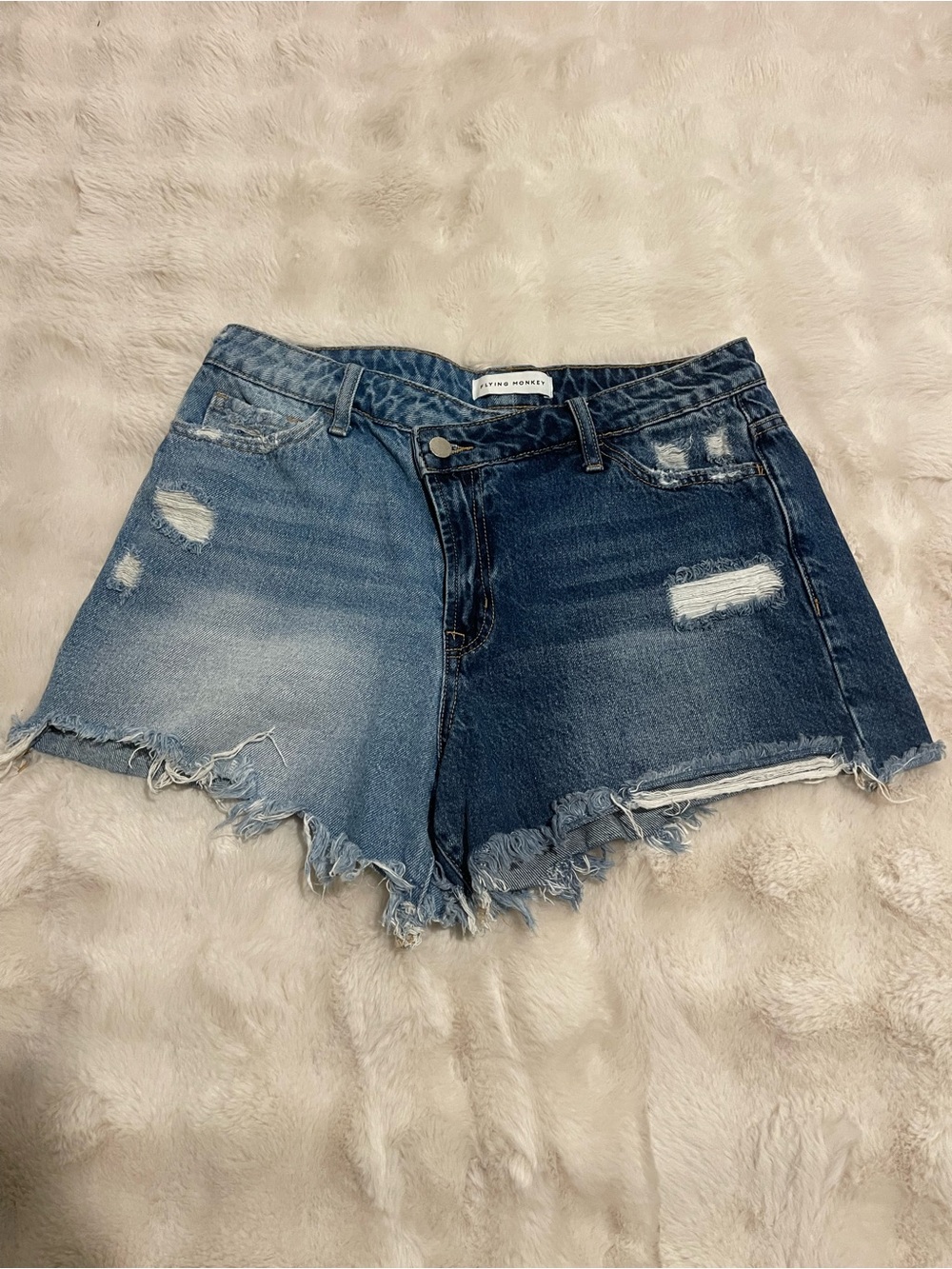Flying Monkey Two-Tone Distressed Denim Shorts - Blue